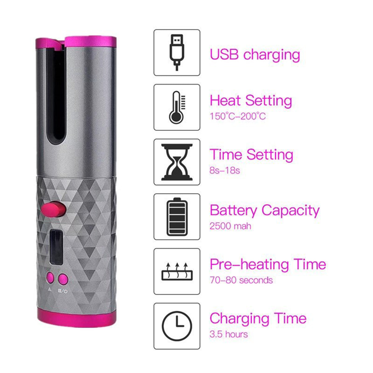 Cordless Automatic Hair Curling Iron Wand - Rechargable